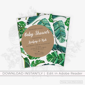 EDITABLE PDF, Tropical Leaves Baby Shower Invite, Jungle Leaves, Palm Leaves, Kraft Card, Baby Shower Invitation,Safari,Instant Download,KL1