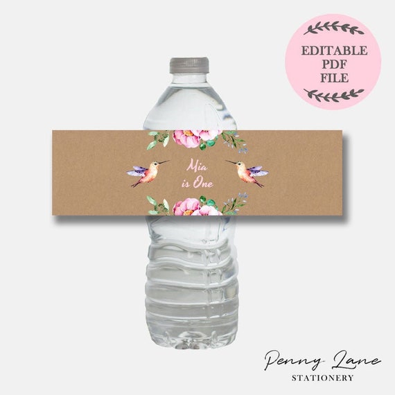 Editable PDF, Hummingbird Water Bottle Label, Hummingbird Party Decorations, Girls First Birthday, Drinks Label, Bottle Sticker, Bird, Pink Il_570xn