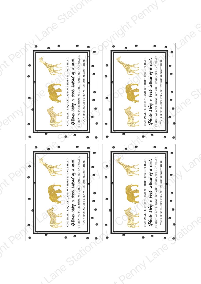 Safari Bring A Book Card, Jungle Book Request, Book Insert, Baby Shower, Book for Baby, Black and Gold, Polka Dot, Gold, Animal, Boys, BW1 image 2