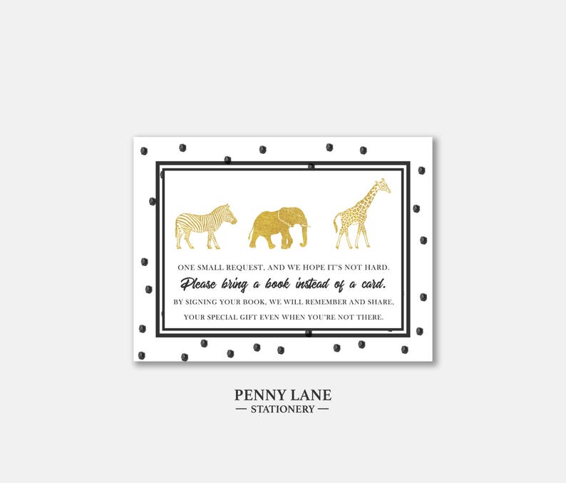 Safari Bring A Book Card, Jungle Book Request, Book Insert, Baby Shower, Book for Baby, Black and Gold, Polka Dot, Gold, Animal, Boys, BW1 image 1