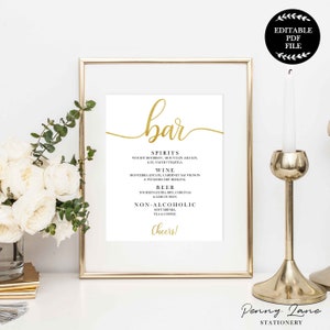 EDITABLE PDF, Gold Bar Menu, Wedding Bar Menu, Alcohol List, Drinks Menu, Wedding Decorations, Printable, Modern, GWCS1