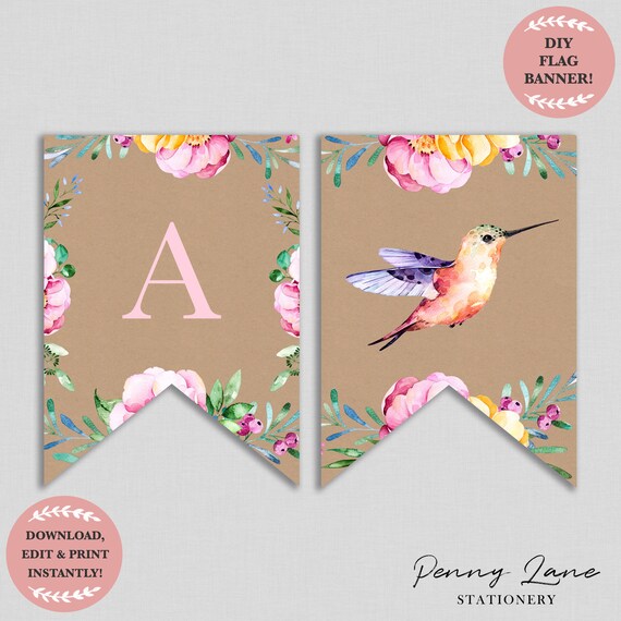 EDITABLE PDF, Hummingbird Flag Banner, Bunting Banner, Girls 1st Birthday, Bird Party, Decorations, Pink, Flora, Tea Party, Floral,Printable Il_570xn