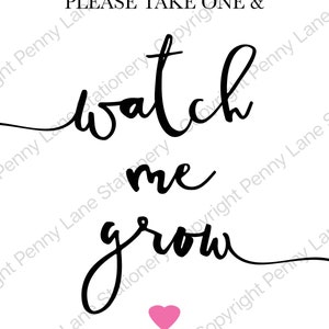 Please take one and watch me grow table sign, Pink Watch me Grow, Favor Tag, Baby Shower, Girls, Favours, 8 x 10, Printable, Plant Table image 2