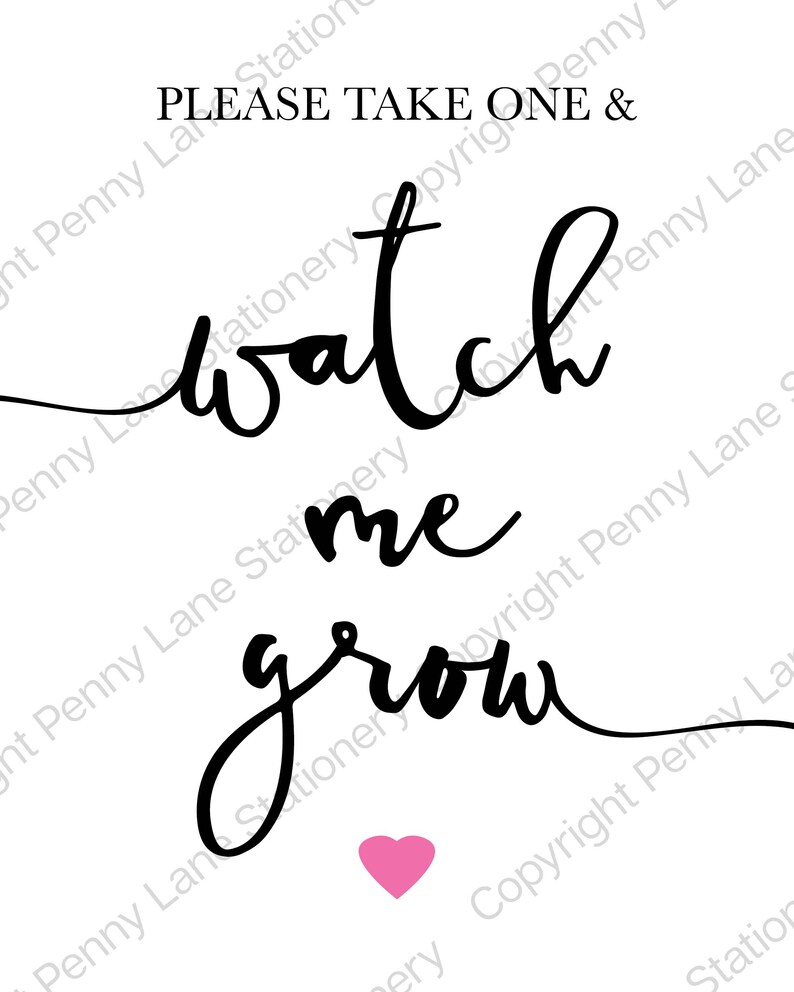 Please take one and watch me grow table sign, Pink Watch me Grow, Favor Tag, Baby Shower, Girls, Favours, 8 x 10, Printable, Plant Table image 2