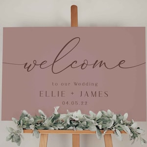 Señalización de bienvenida para bodas, caballete, marco, póster, rosa, rubor, oscuro, rosa polvoriento, papelería, minimalista, decoración, letrero imprimible, decoraciones de bricolaje