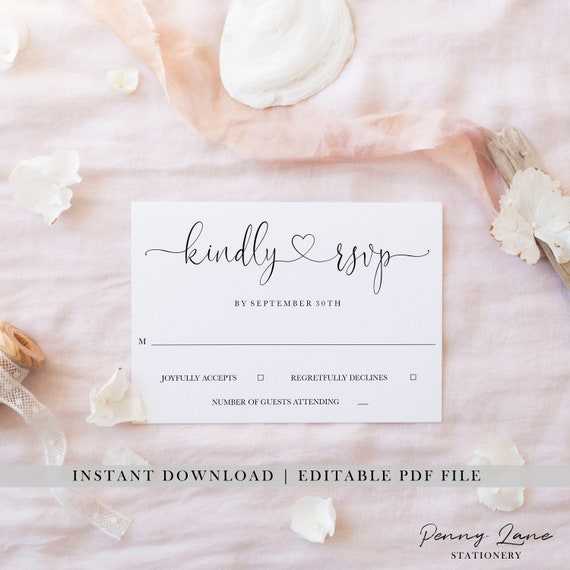 EDITABLE PDF, Wedding RSVP Card, Elegant, Cursive, Heart Font, Modern, Classic, Minimalist, Decorations, Cards, Invite Suite, Package, SR1 Il_570xn