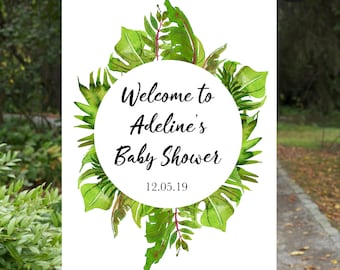 Tropical Leaves, Baby Shower Welcome Poster, Leaf Wreath, Safari, Theme, Board, Template, Greenery, Jungle, Welcome Sign, Printable, TG1