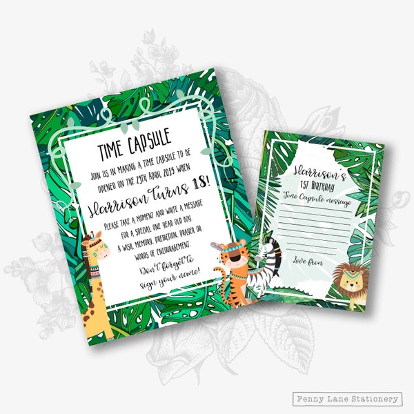 EDITABLE PDF, 1st Birthday Time Capsule, Jungle Party Decorations, Sign, Card, Memory Box, Safari Birthday, Boys, Girls, Tribal, Printable