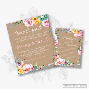 EDITABLE PDF, Hummingbird Time Capsule, 1st Birthday Time Capsule, First Birthday, Sign, Message Card, Bird, Pink Floral, Kraft, Girls