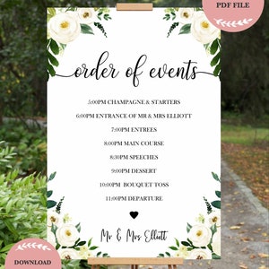 Wedding Order Of Events Sign, White Floral Order of Events Wedding Sign, Wedding Decorations, Wedding Timeline Sign, White Flower Poster,WF1