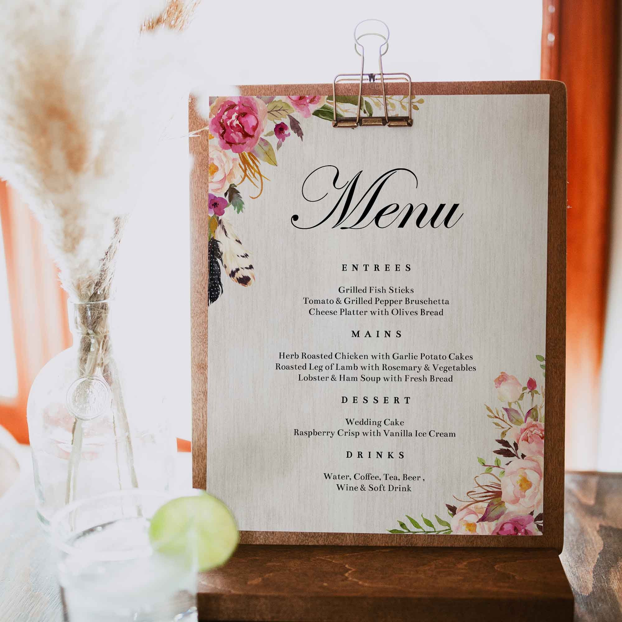 Bohemian Wedding Menu Boho Party Menu Birthday Party | Etsy