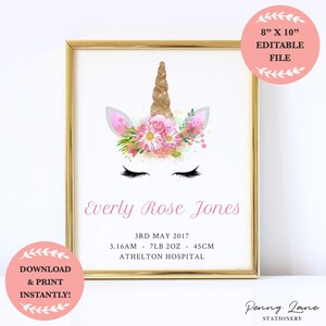 EDITABLE PDF, Unicorn Birth Announcement, Birth Details Print, New Baby Stats, Wall Art, Girls, Nursery Art, Printable, Decor, Pink,Gold