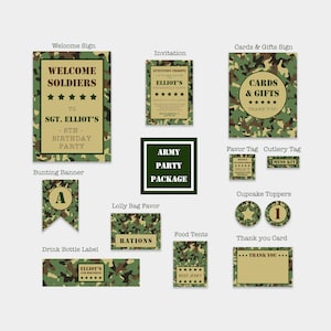 Army Birthday Party Package, Soldier Decorations, Military Themed Stationery, Invitation, Welcome Sign, Favor Tag, Kids, Boys, Camouflage