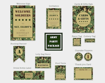 Army Birthday Party Package, Soldier Decorations, Military Themed Stationery, Invitation, Welcome Sign, Favor Tag, Kids, Boys, Camouflage