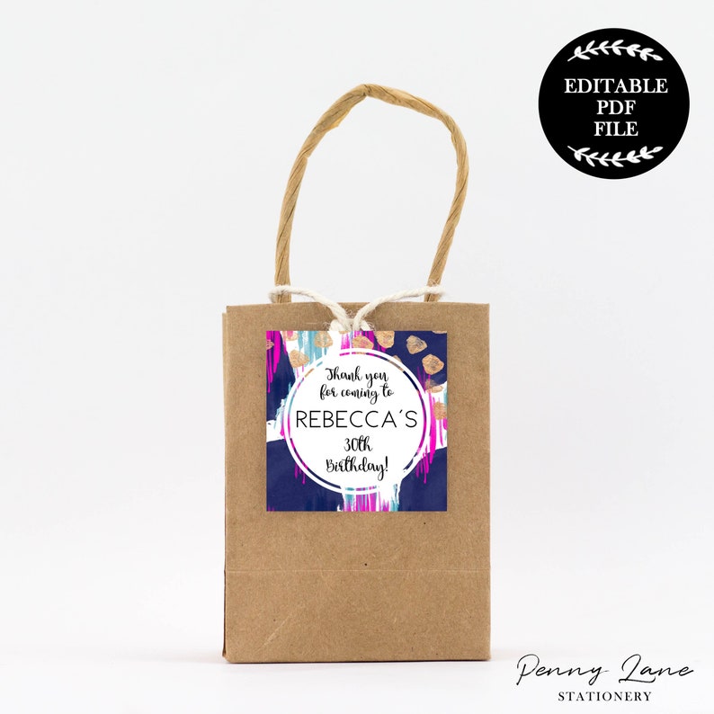 Printable Party Decorations 30th Birthday Decorations Blue Navy Pink and Gold Favour Tag Pink Abstract Favor Tag Gold EDITABLE PDF