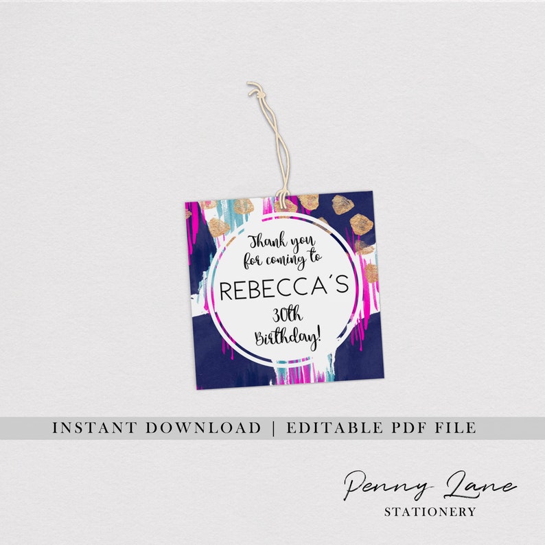 Printable Party Decorations 30th Birthday Decorations Blue Navy Pink and Gold Favour Tag Pink Abstract Favor Tag Gold EDITABLE PDF