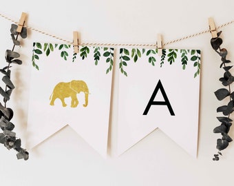 EDITABLE PDF, Greenery Banner, Baby Shower Flag Banner, Leaves, Gold Safari, Modern, Decor, Bunting, Decorations, Printable, GS1