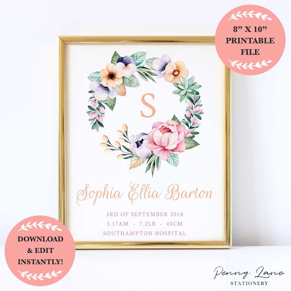 Editable Pdf Baby Birth Announcement Pastel Pink Peach Floral Wall Art Print Name Birth Details Girls Nursery Decor Birth Stats By Penny Lane Stationery Catch My Party