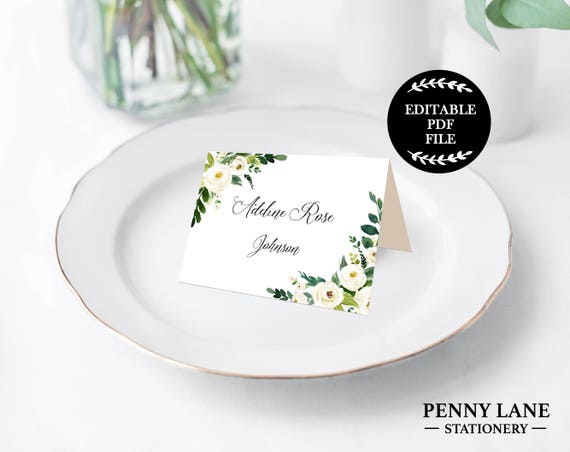 Editable PDF Place Cards, White Floral Wedding Place Cards, Wedding Name Cards, Printable Place Cards, White Flowers, Greenery, Digital, WF1 Il_570xn