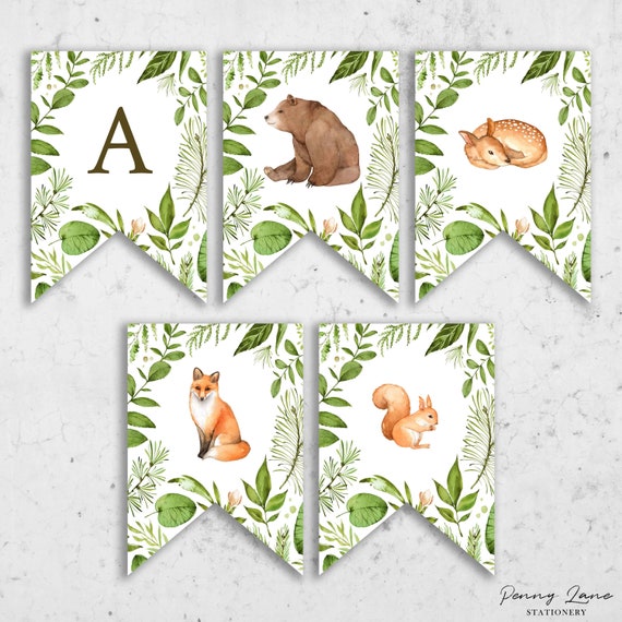 EDITABLE PDF, Woodland Flag Banner, Bunting Banner, Wild One, Lumberjack, 1st Birthday Party, Bear, Deer, Forest Animals, Decorations, WB1 Il_570xn