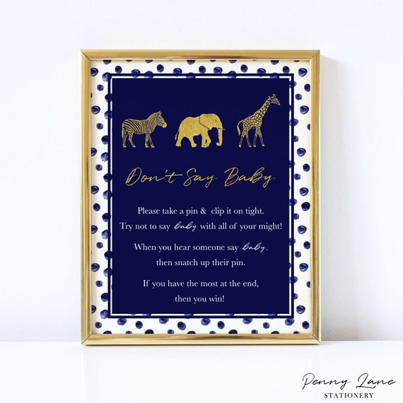 Don't Say Baby Game, Clothespin Game, Navy and Gold Baby Shower Decorations, Sign, Modern Safari Decor, Wild Animal, Table, Peg, Printable Il_570xn