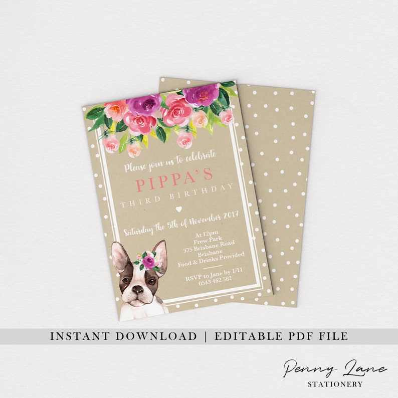 EDITABLE PDF Boston Terrier Invite Dog Invitation Girls Etsy