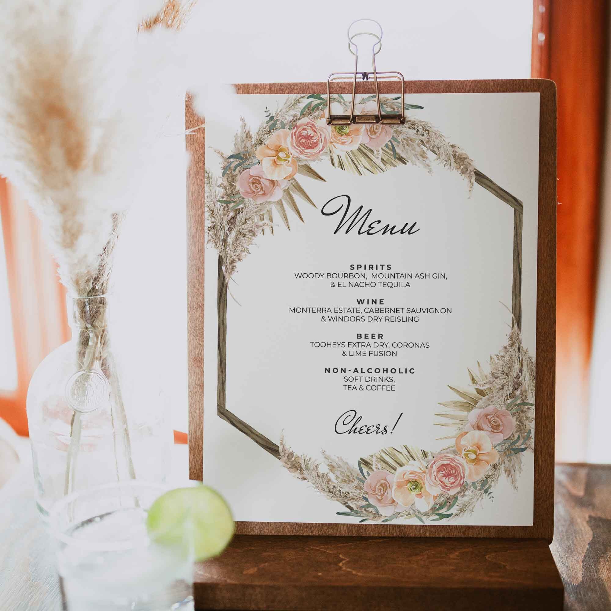 Boho Bar Menu Wedding Drinks List Alcohol Menu Bohemian | Etsy