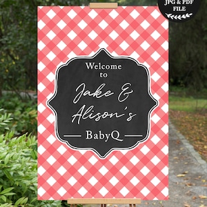 Baby Q Welcome Sign, BBQ Welcome Sign, Baby Shower Welcome Poster, Welcome to my BabyQ, Imprimible, Red Check, Chalkboard, Decorations, Board