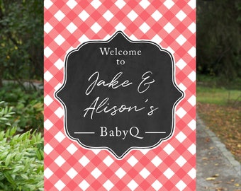 Baby Q Welcome Sign, BBQ Welcome Sign, Baby Shower Welcome Poster, Welcome to my BabyQ, Printable, Red Check, Chalkboard, Decorations, Board