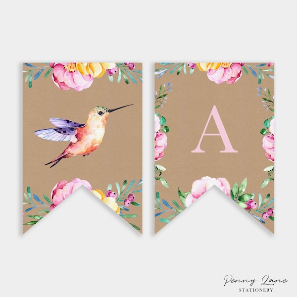 EDITABLE PDF, Hummingbird Flag Banner, Bunting Banner, Girls 1st Birthday, Bird Party, Decorations, Pink, Flora, Tea Party, Floral,Printable