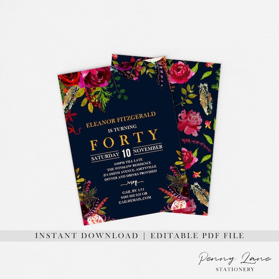 EDITABLE PDF, Navy and Red Invite, Floral Invitation, Blue and Gold, Party Invite, Birthday Invitations, 30th, 40th, 50th, 60th, Printable Il_570xn