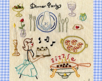 DINNER PARTY Embroidery Sampler Pattern Iron-On Transfer