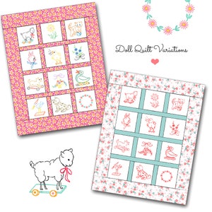 May include: Two variations of a doll quilt pattern with a pink and white floral background. The first quilt has a pink background with yellow and blue embroidery. The second quilt has a white background with blue and red embroidery. Both quilts feature a variety of embroidered images, including a lamb, a chick, a cat, a bunny, a bird, a flower, a wreath, and a duck.
