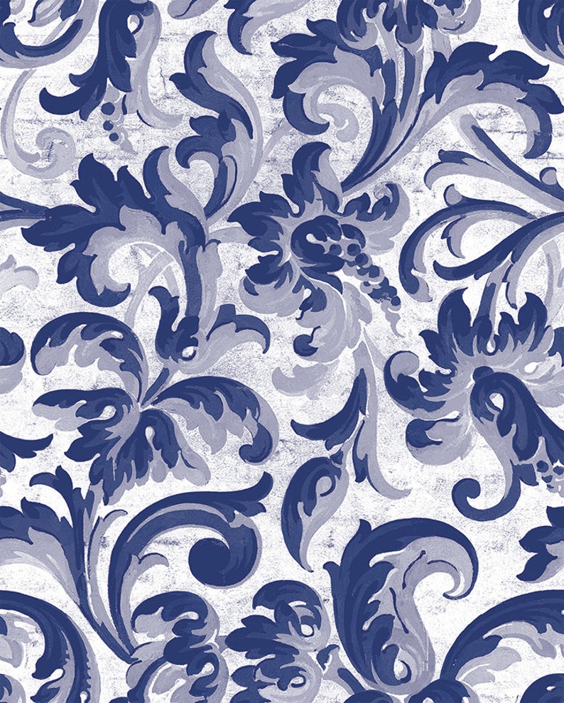 Blue Acanthus Floral Wallpaper Sheets Pre-Pasted Wallpaper Removable Wallpaper image 3