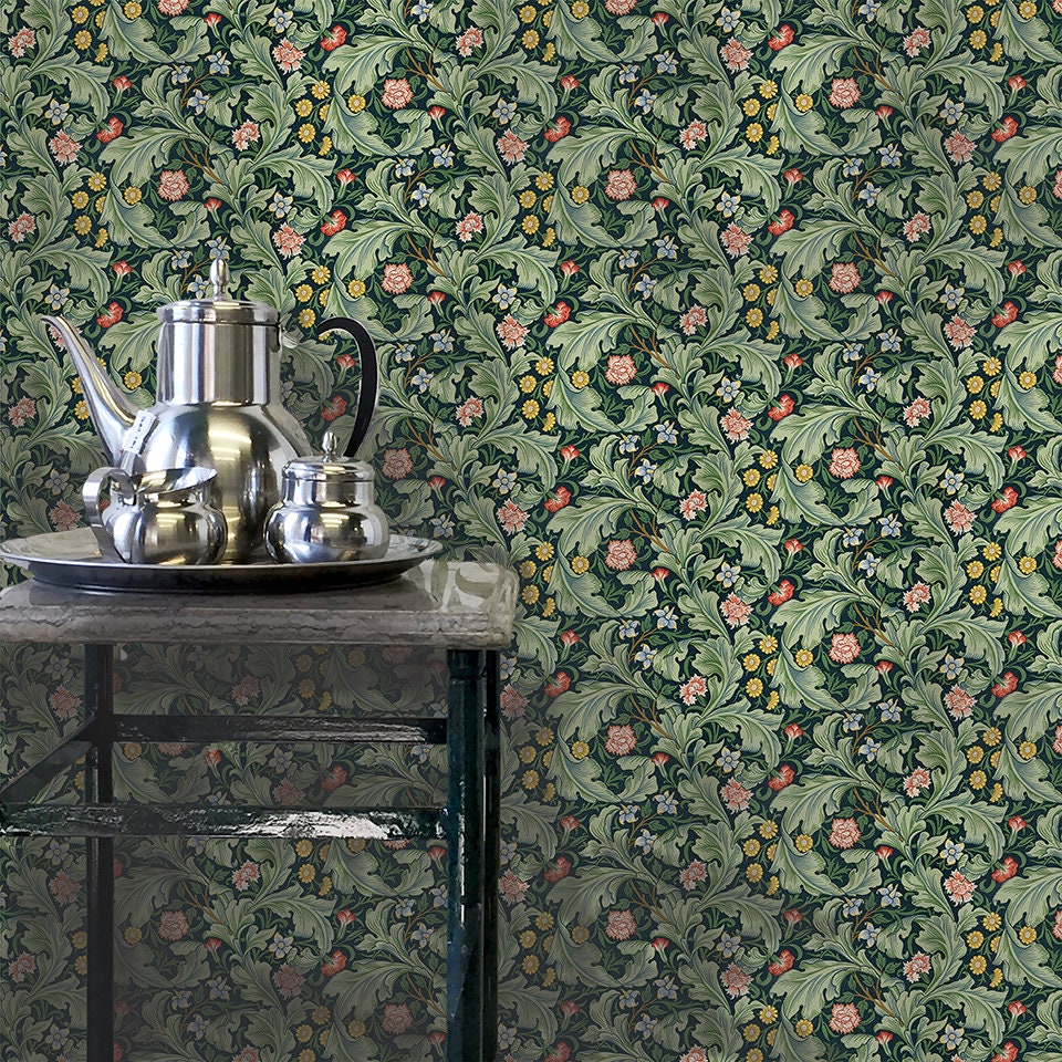 Arts and Crafts Style Floral Wallpaper in Forest Green  Bradbury Thistle
