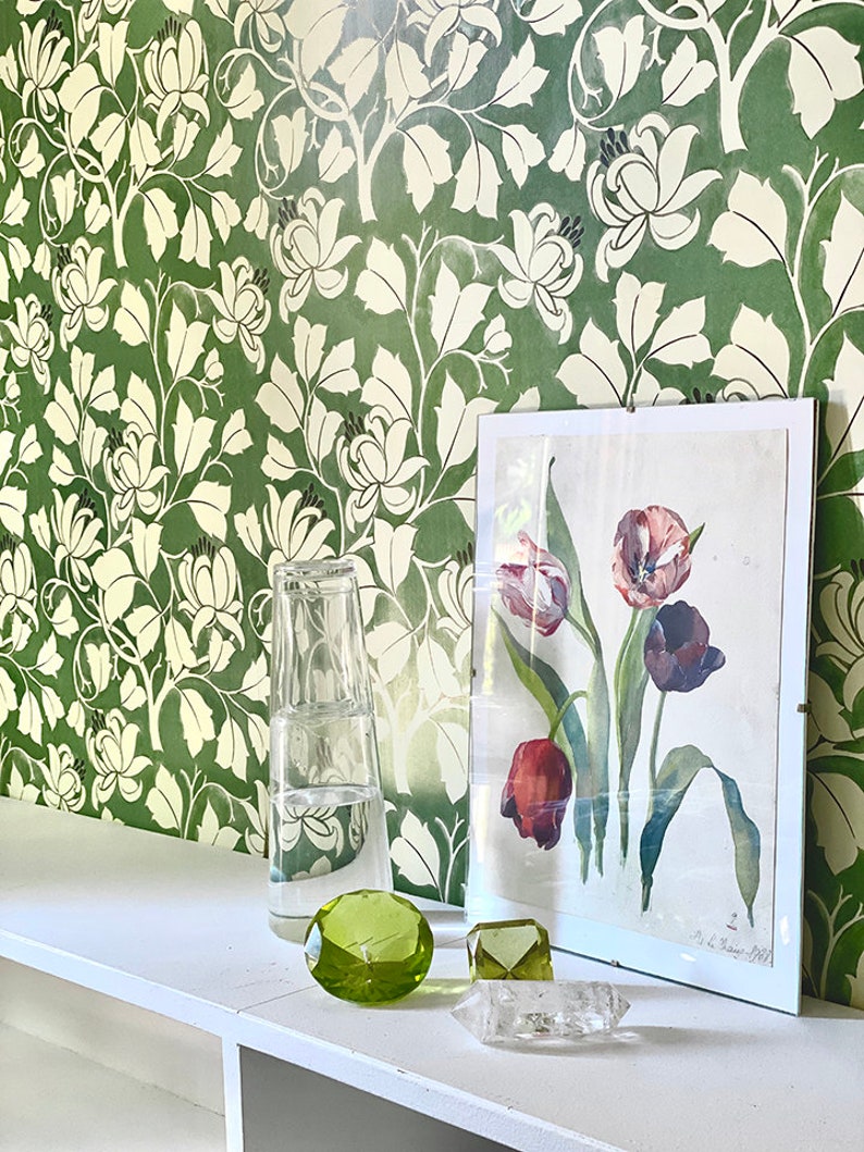 Voysey Tulip Tree Wallpaper Sheets Green Floral Pre-Pasted Wallpaper Removable Wallpaper image 3