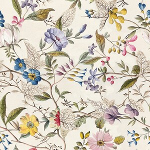 May include: A vintage floral print featuring a variety of flowers in shades of pink, blue, yellow, and white. The flowers are arranged in a delicate pattern on a cream background.