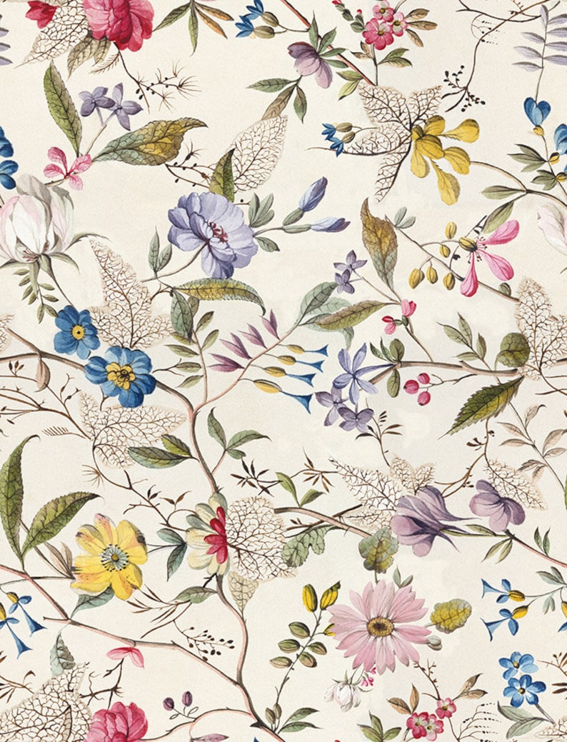 May include: A vintage floral print featuring a variety of flowers in shades of pink, blue, yellow, and white. The flowers are arranged in a delicate pattern on a cream background.