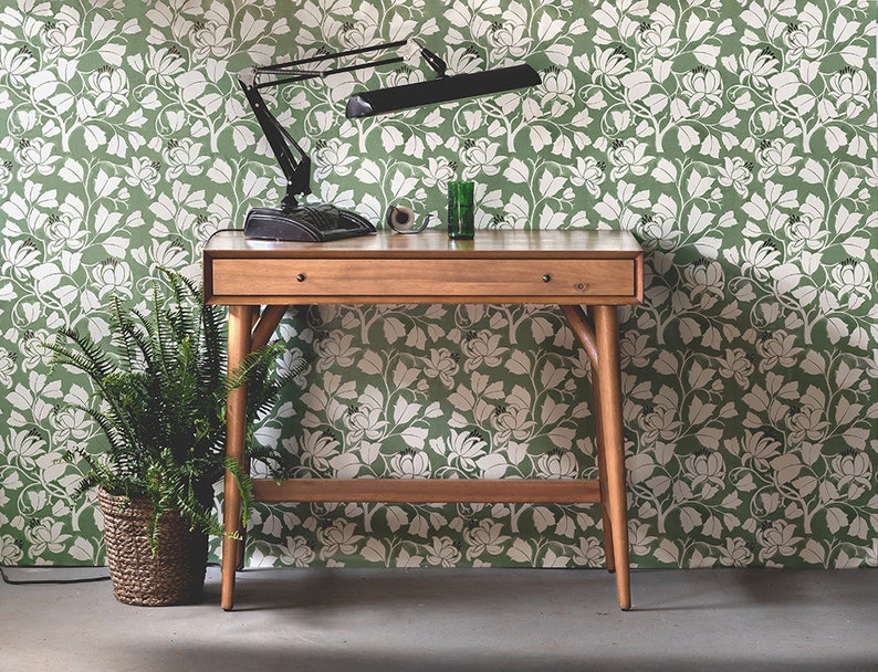 Voysey Tulip Tree Wallpaper Sheets Green Floral Pre-Pasted Wallpaper Removable Wallpaper image 1