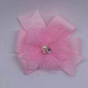 Baby bow, pink elegant bow, baby clip,  Baby barrette, special bow clip and barrette, rhinestone embeshisment, delicate tule flower.