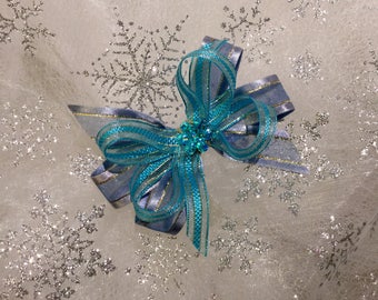 Frozen Princess Bow, special occasion headband, sparkly ribbon bow, winter season theme, hand cafted bow, custom designed