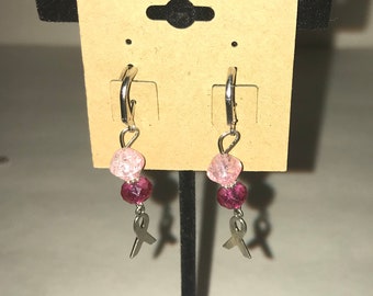 Handmade dangle earrings Breast Cancer Awareness Pink Ribbon