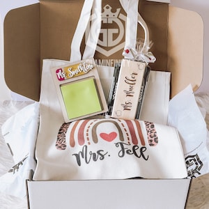 Personalized Teacher gift box set with Dry Board eraser, markers, tote bag & note pad holder perfect for teacher appreciation