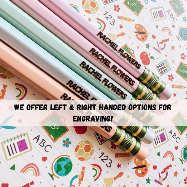 Pastel Back to school left & right hand pencil options, Custom Engraved Name Pencils, Personalize Your Child's Stationery, #2 HB Soft