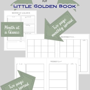 Inserti digitali in PDF per agenda/diario Little Golden Book, senza data, visualizzazione mensile a colpo d'occhio, due pagine per il mese e la settimana, download immediato, 6,5" x 8".