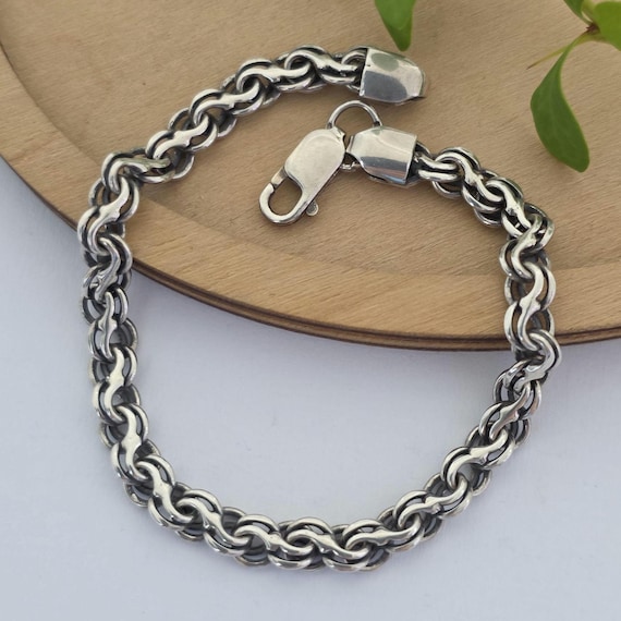 Bracelet Vintage Blackened 925 Sterling Silver Weave Chain Men Women Foxtail Rope Oxidized Jewelry Gift for Him Anniversary 20.5cm