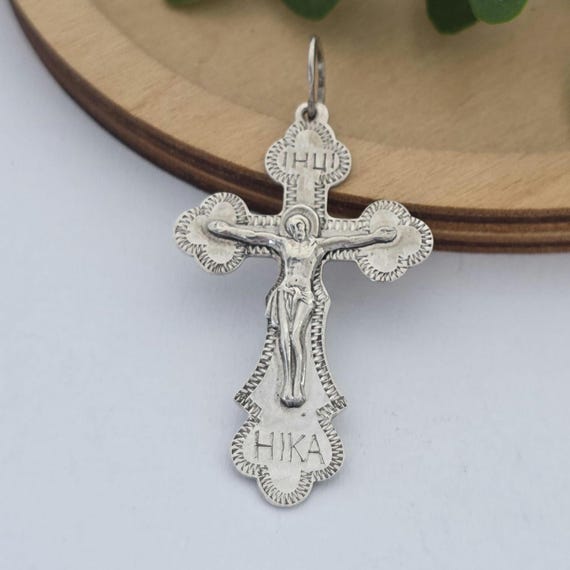 Cross Orthodox Silver Vintage Cyrillic Crucifix Pendant Sterling 