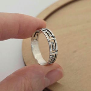 Vintage 925 Sterling Silver Meander Ring Oxidized Greek Key Band  Mens Womens Unisex Jewelry