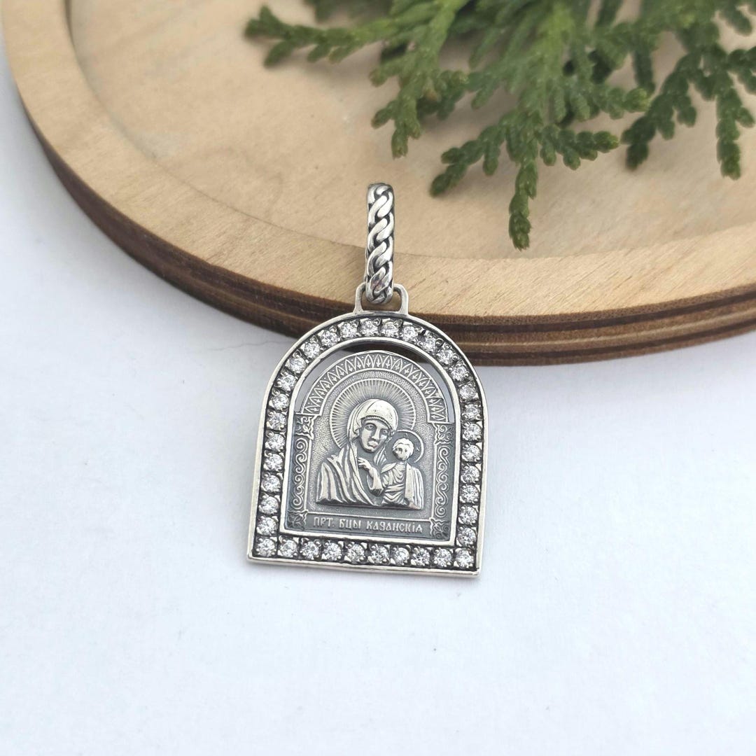 Vintage Sterling Silver Virgin Mary Pendant Our Lady of Kazan Icon 925 ...