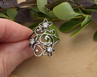 Vintage Floral Sterling Silver Ring 925 Ornate Oxidized Statement Ring with White CZ Filigree Flower Ring for Women Dainty Everyday Gift
